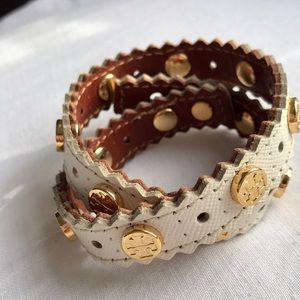 Tory Burch Double-Wrap Logo Stud White Bracelet